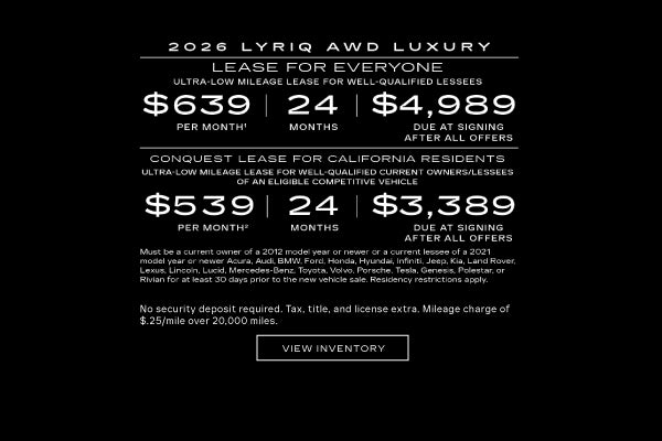 2026 LYRIQ AWD LUXURY. Ultra-low milege lease for well-qualified lessees. $639 per month 24 month...